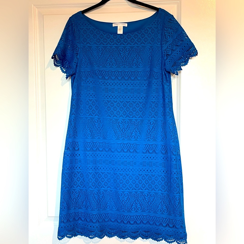London Times - Lace blue short sleeve dress